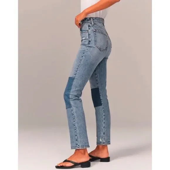 Abercrombie & Fitch The Ankle Straight Leg Jeans Ultra High Rise Patch, Blue